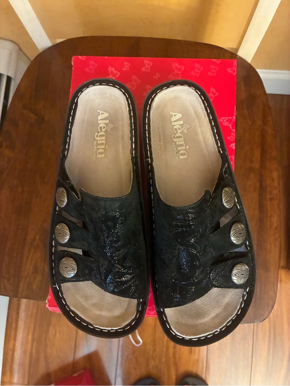 Alegria Black Suede Slide Clog with Decorative Buttons - Picture 2 of 6